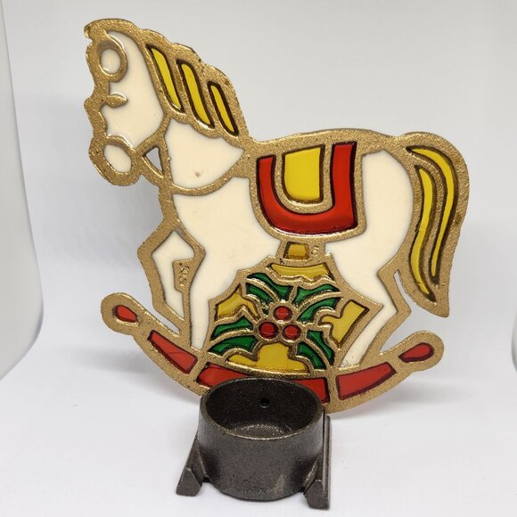 Stained Glass and Iron Rocking Horse Votive Holder Vintage Christmas - Picture 3 of 5